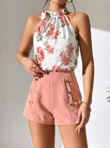 SHEIN PETITE Bộ đồ hai mảnh nữ Nút đôi Thắt nút Hoa Boho - Hồng - Xem 6