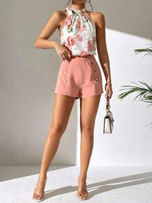 SHEIN PETITE Bộ đồ hai mảnh nữ Nút đôi Thắt nút Hoa Boho - Hồng - Xem 7