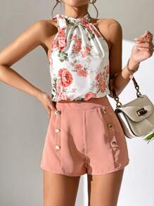 SHEIN PETITE Bộ đồ hai mảnh nữ Nút đôi Thắt nút Hoa Boho - Hồng - Xem 1