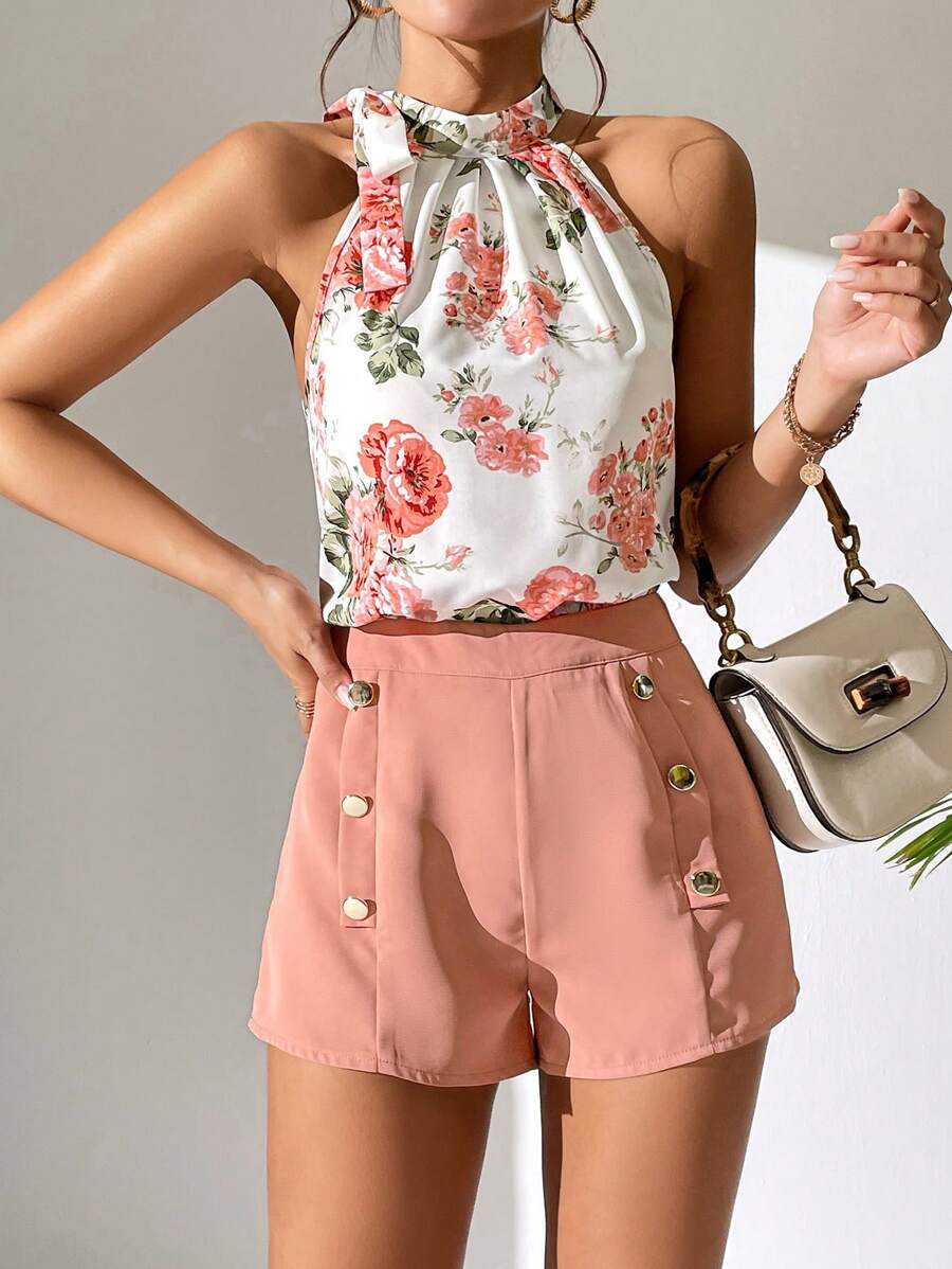 SHEIN PETITE Bộ đồ hai mảnh nữ Nút đôi Thắt nút Hoa Boho - Hồng - Xem 1