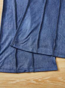 SHEIN LUNE 大碼牛仔效果印花接縫細節喇叭褲 - 藍色 - 查看 4