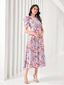 Modelyn 印花泡泡袖扣飾前連衣裙不附腰帶 - 彩色 - 查看 3