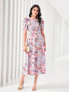 Modelyn 印花泡泡袖扣飾前連衣裙不附腰帶 - 彩色 - 查看 4