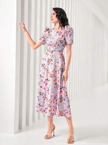 Modelyn 印花泡泡袖扣飾前連衣裙不附腰帶 - 彩色 - 查看 5