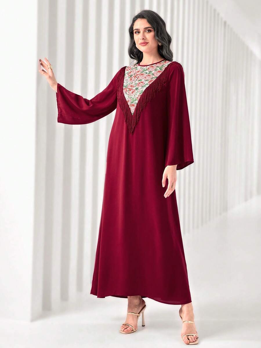 Modelyn Váy dài tua rua họa tiết hoa màu đỏ tía - Màu Đỏ Sâu - Xem 1