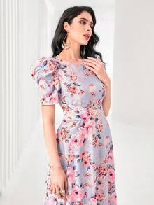 Modelyn 印花泡泡袖扣飾前連衣裙不附腰帶 - 彩色 - 查看 6