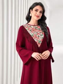 Modelyn Váy dài tua rua họa tiết hoa màu đỏ tía - Màu Đỏ Sâu - Xem 4