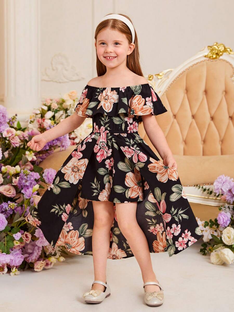 SHEIN Young Girl Floral Print Off Shoulder Ruffle Trim High Low Hem Romper - Black - View 1