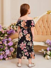 SHEIN Young Girl Floral Print Off Shoulder Ruffle Trim High Low Hem Romper - Black - View 2