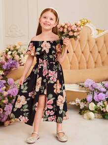 SHEIN Young Girl Floral Print Off Shoulder Ruffle Trim High Low Hem Romper - Black - View 3