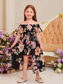 SHEIN Young Girl Floral Print Off Shoulder Ruffle Trim High Low Hem Romper - Black - View 4