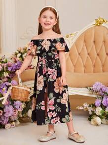 SHEIN Young Girl Floral Print Off Shoulder Ruffle Trim High Low Hem Romper - Black - View 5
