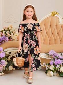 SHEIN Young Girl Floral Print Off Shoulder Ruffle Trim High Low Hem Romper - Black - View 6