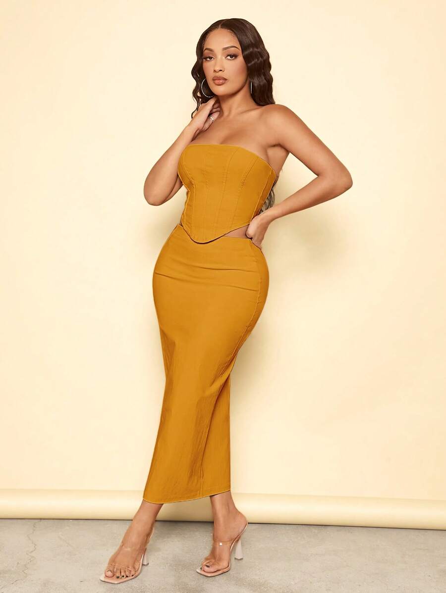 SHEIN SXY 素色抹胸上衣和鉛筆裙 - 芥末黃 - 查看 1