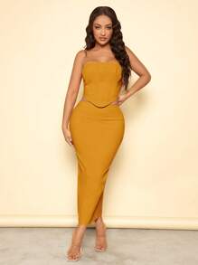 SHEIN SXY 素色抹胸上衣和鉛筆裙 - 芥末黃 - 查看 5