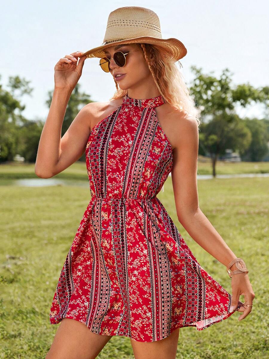 SHEIN VCAY Floral Print Fringe Trim Backless Halter Neck Dress - Multicolor - View 1