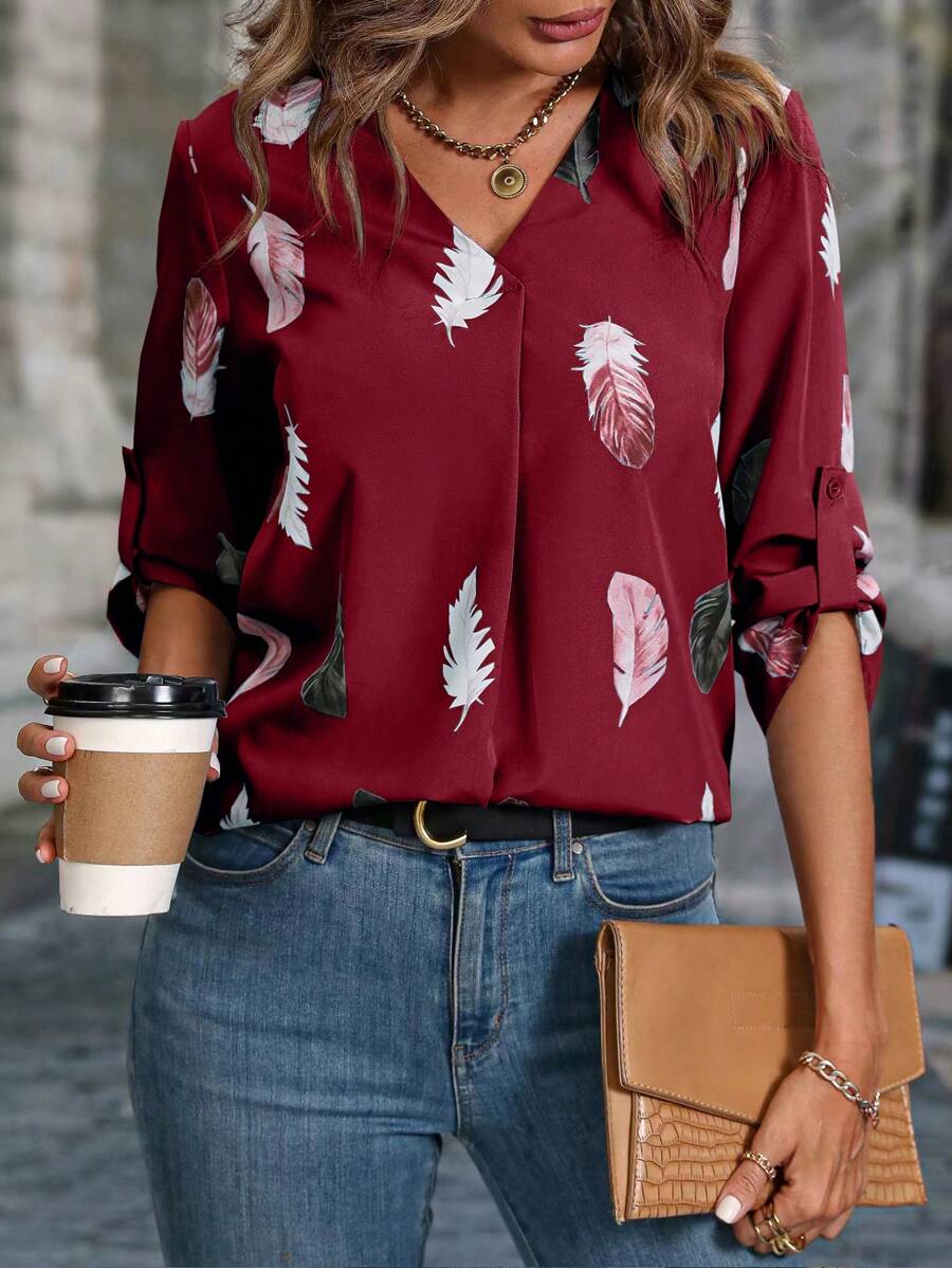 SHEIN Clasi Áo sơ mi nữ Bộ lạc Giải trí - Màu Đỏ Sâu - Xem 1