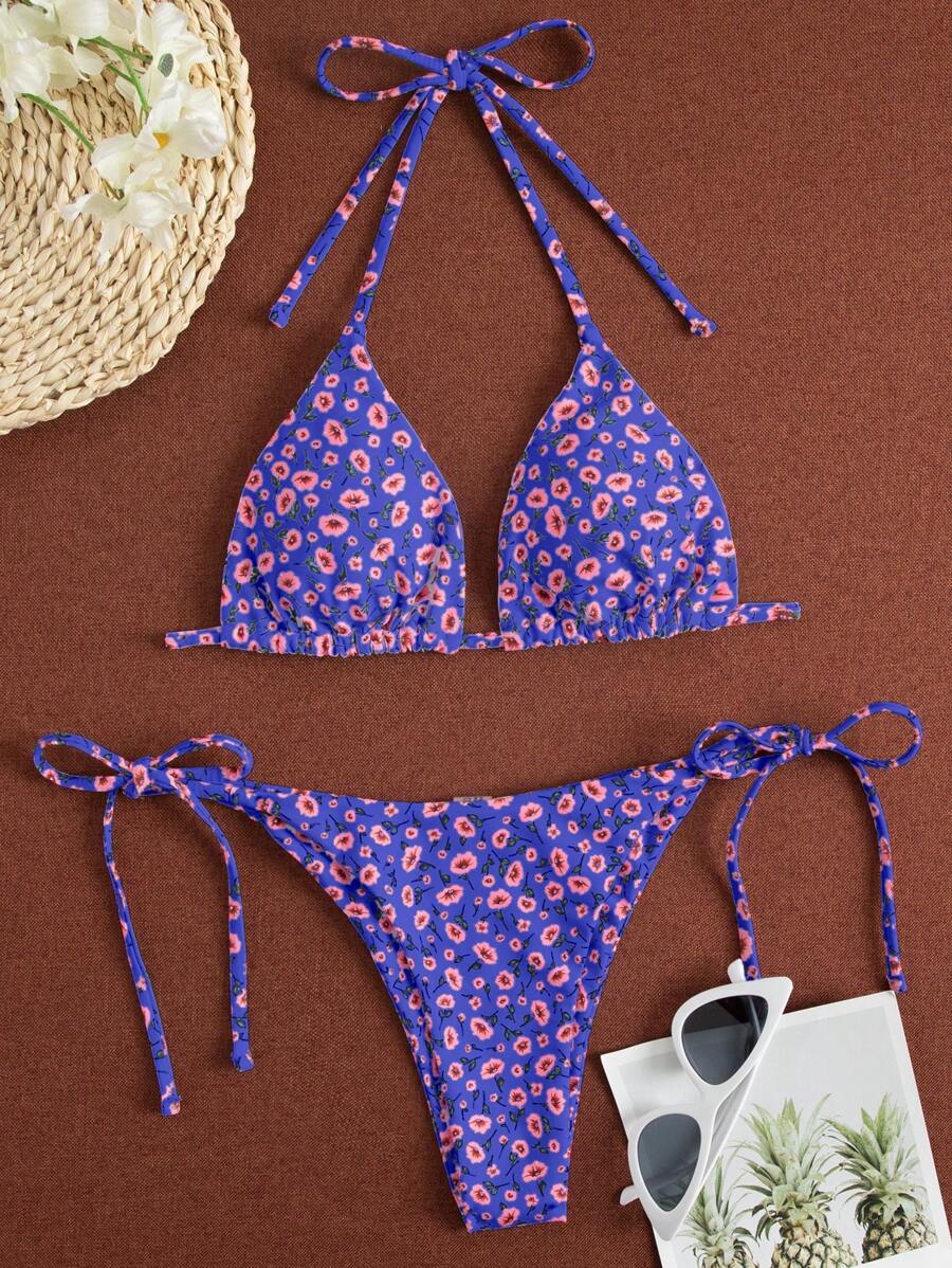 Swim Mod Summer Beach Ditsy Floral Triangle Tie Side Bikini Set - Multicolor - View 1