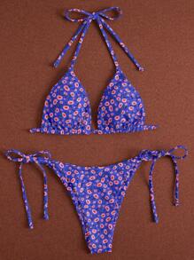Swim Mod Summer Beach Ditsy Floral Triangle Tie Side Bikini Set - Multicolor - View 3