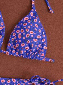 Swim Mod Summer Beach Ditsy Floral Triangle Tie Side Bikini Set - Multicolor - View 4