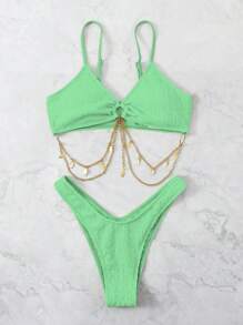 SHEIN 鏈條鏈接高衩比基尼泳裝 - 綠色 - 查看 5