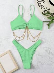 SHEIN 鏈條鏈接高衩比基尼泳裝 - 綠色 - 查看 6