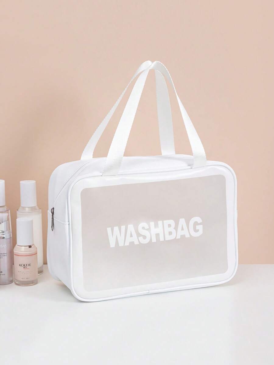 1pc Large Capacity Letter Graphic Waterproof Makeup Bag, PVC Portable Travel Bag For Home, Outdoor - White - View 1