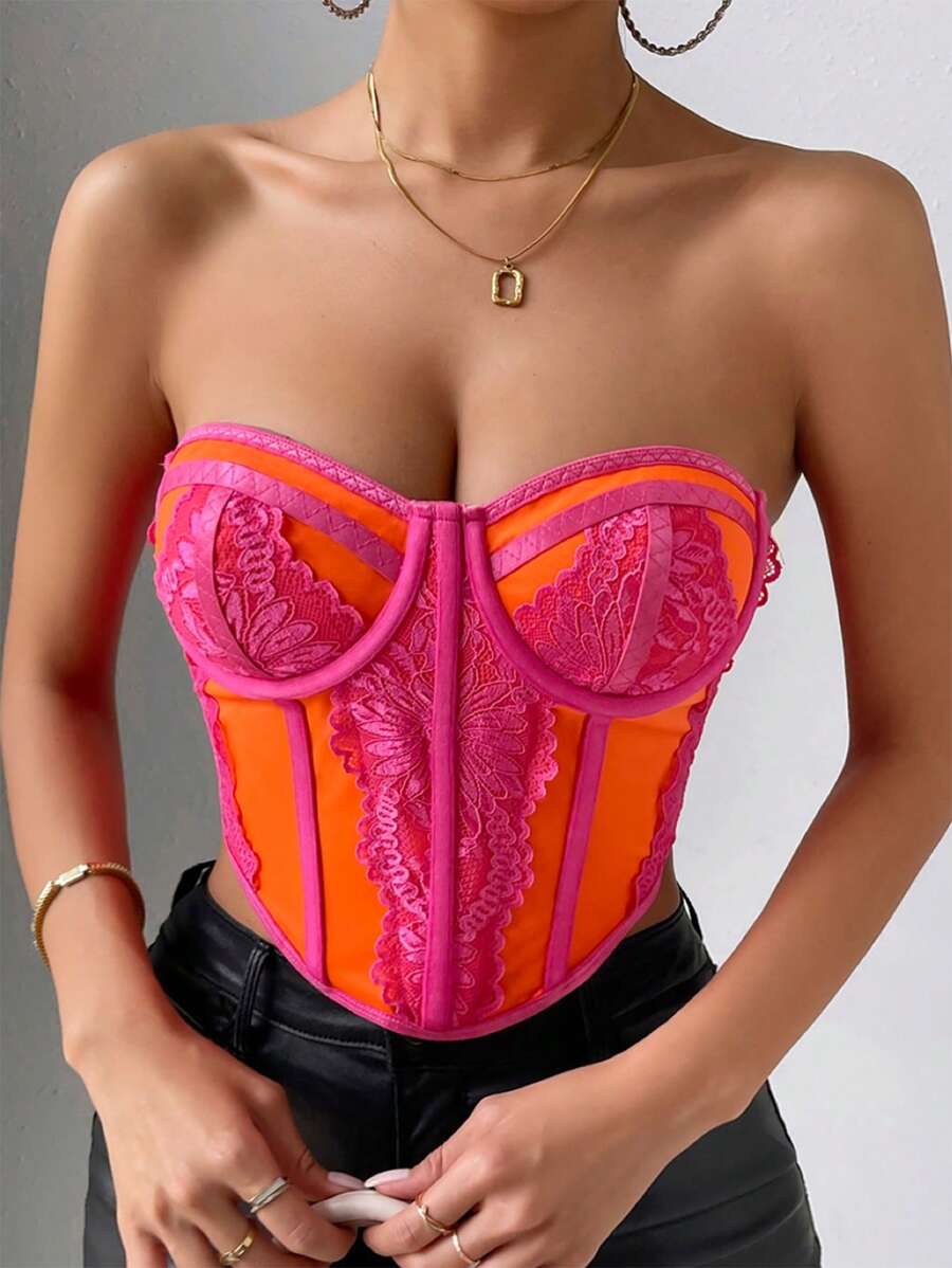 Chiquease 蕾絲拼接緊身上衣頭巾下擺抹胸上衣 - 彩色 - 查看 1