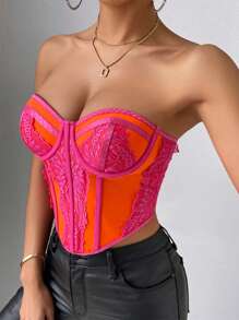 Chiquease 蕾絲拼接緊身上衣頭巾下擺抹胸上衣 - 彩色 - 查看 4