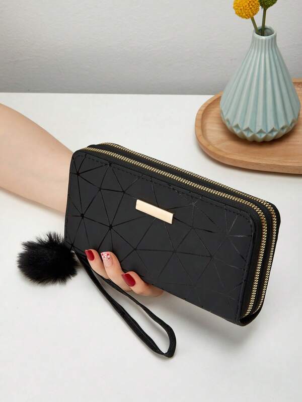Cartera de patrón geométrico con cremallera, pompones decorativos, ligera y moderna. Ideal para tarjetas de crédito/identificación, efectivo, negocios, uso casual, día del maestro, regalos para maestros, trabajo, traslado, viajes, oficina, vacaciones, regalos para damas, trabajadoras de cuello blanco, novia, mujer, útiles escolares, regreso a la escuela.