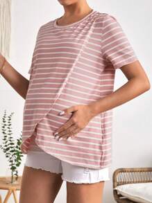 SHEIN Maternity Striped Wrap Hem Nursing Tee - Baby Pink - View 3