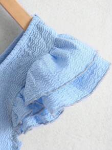 SHEIN Tween 女童甜美可爱方领双褶边盖袖纯色针织休闲 T 恤，夏季 - 淺藍色 - 查看 3