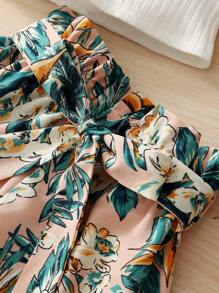 SHEIN Bộ thời trang bé gái Thắt lưng Gân đan Quần paper-bag Nhiệt đới Boho - Nhiều màu - Xem 4