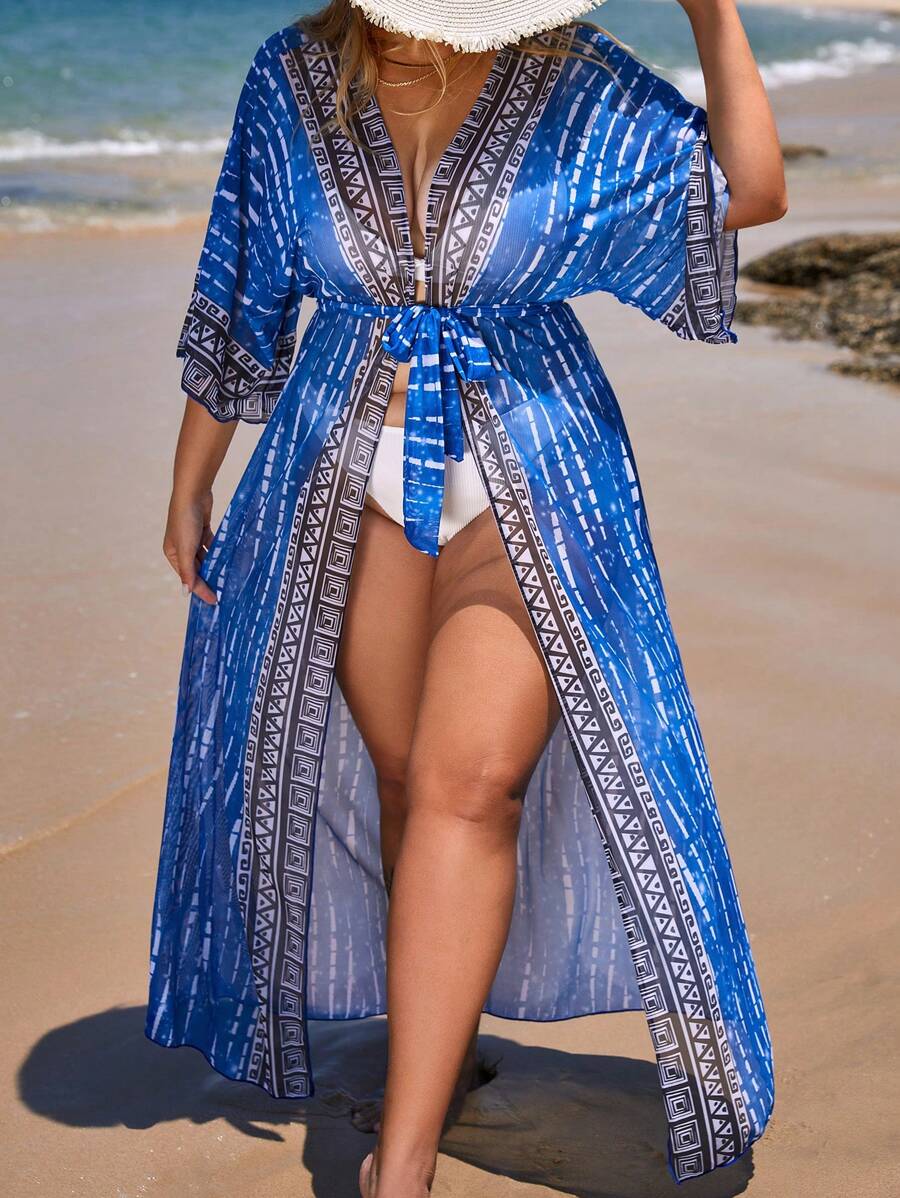 SHEIN Swim Curve 大碼紮染和幾何印花腰帶和服罩衫 - 藍色 - 查看 1