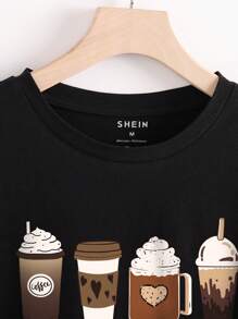 INAWLY 咖啡圖案T恤 - 黑色 - 查看 3