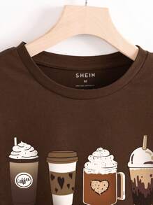 INAWLY Coffee Print Tee Graphic Tees Women Tops - Coffee Brown - View 4