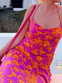 滿版印花露背繫帶吊帶洋裝 - 彩色 - 查看 3