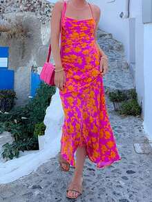 滿版印花露背繫帶吊帶洋裝 - 彩色 - 查看 6