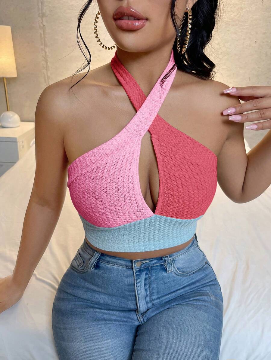 SHEIN SXY Áo khoác và áo lót dành cho xe tăng nữ Lộ Lưng Hội Chữ thập Cắt ra Khối Màu Gợi cảm - Nhiều màu - Xem 1