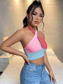 SHEIN SXY Áo khoác và áo lót dành cho xe tăng nữ Lộ Lưng Hội Chữ thập Cắt ra Khối Màu Gợi cảm - Nhiều màu - Xem 5