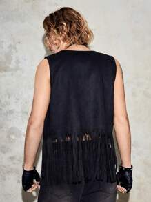 Manfinity AFTRDRK Men Studded Detail Fringe Trim Vest Jacket - Black - View 3