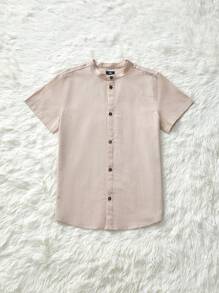 Young Boys' Mandarin Collar Front Button Plain Shirt For Summer