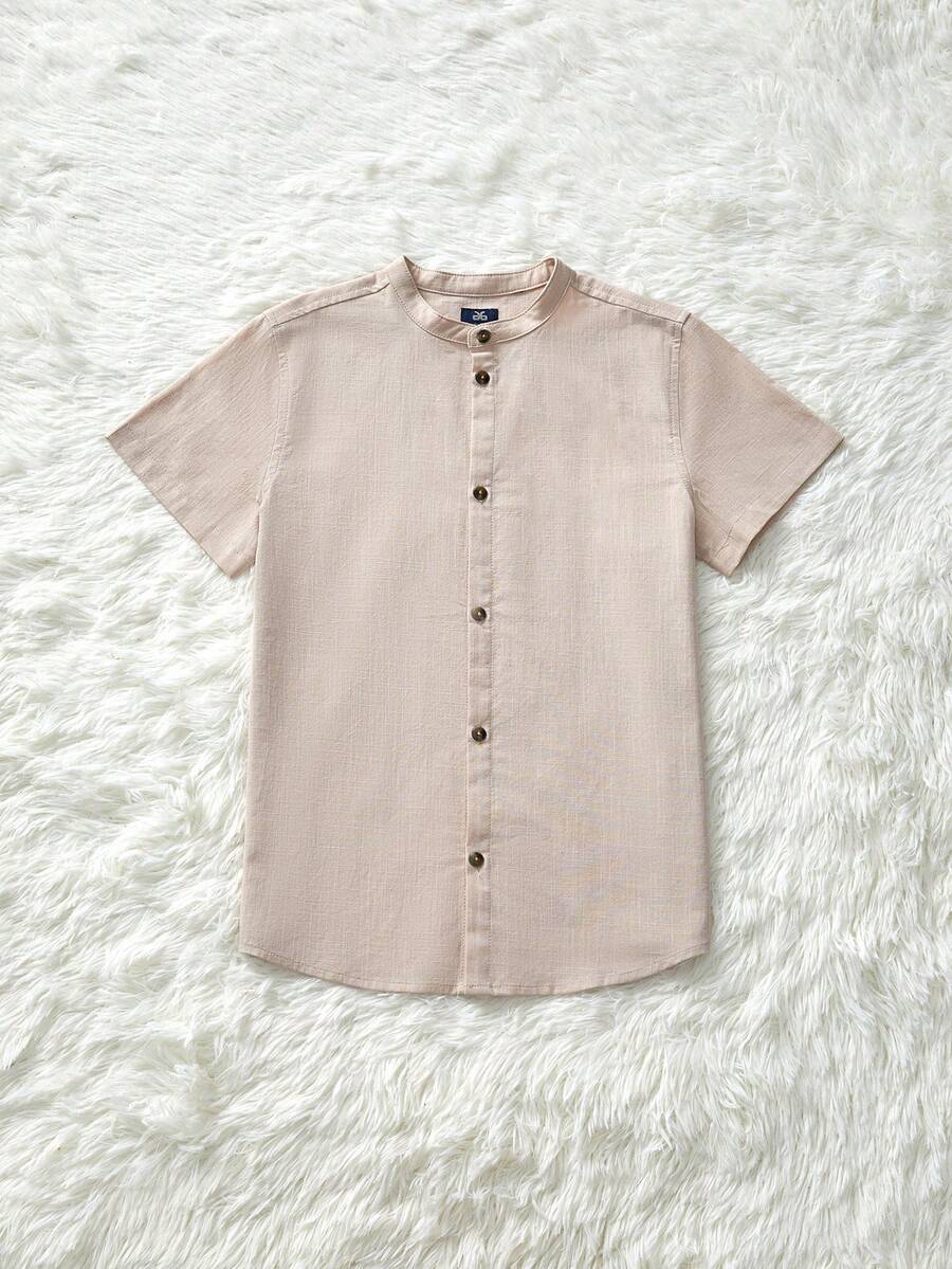 Young Boys' Mandarin Collar Front Button Plain Shirt For Summer