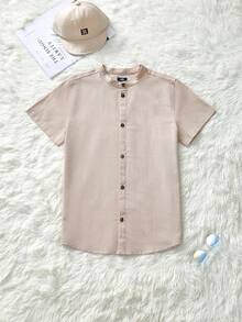 Young Boys' Mandarin Collar Front Button Plain Shirt For Summer