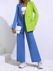 SHEIN Essnce Two Tone Double Breasted Blazer & Wide Leg Pants - Blue - View 1