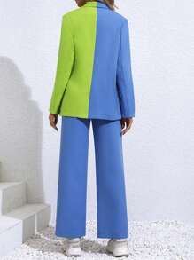 SHEIN Essnce Two Tone Double Breasted Blazer & Wide Leg Pants - Blue - View 2