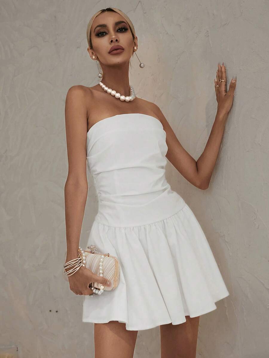 SHEIN BAE Đầm Xù Dây kéo màu trơn Gợi cảm - trắng - Xem 1