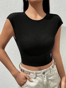 SHEIN EZwear 素色華夫格編織短款T恤 - 黑色 - 查看 2