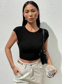 SHEIN EZwear 素色華夫格編織短款T恤 - 黑色 - 查看 4