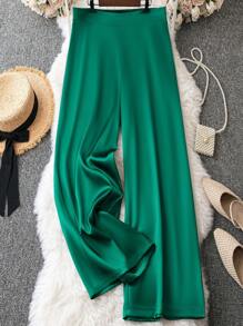 SHEIN LUNE Plus Solid Wide Leg Trousers - Dark Green - View 1